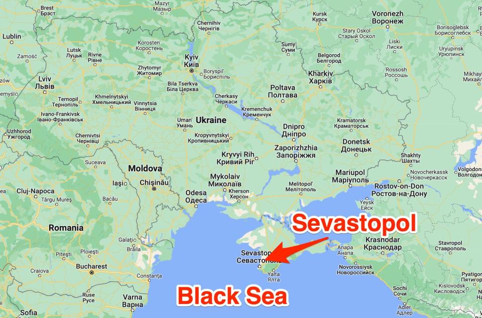 The location of Sevastopol, in Crimea, compared to mainland Ukraine and the Black Sea.