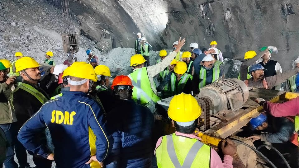Rescue teams inside the Uttarakhand tunnel on November 14, 2023. - Uttarakhand State Disaster Response Force/Handout/Reuters