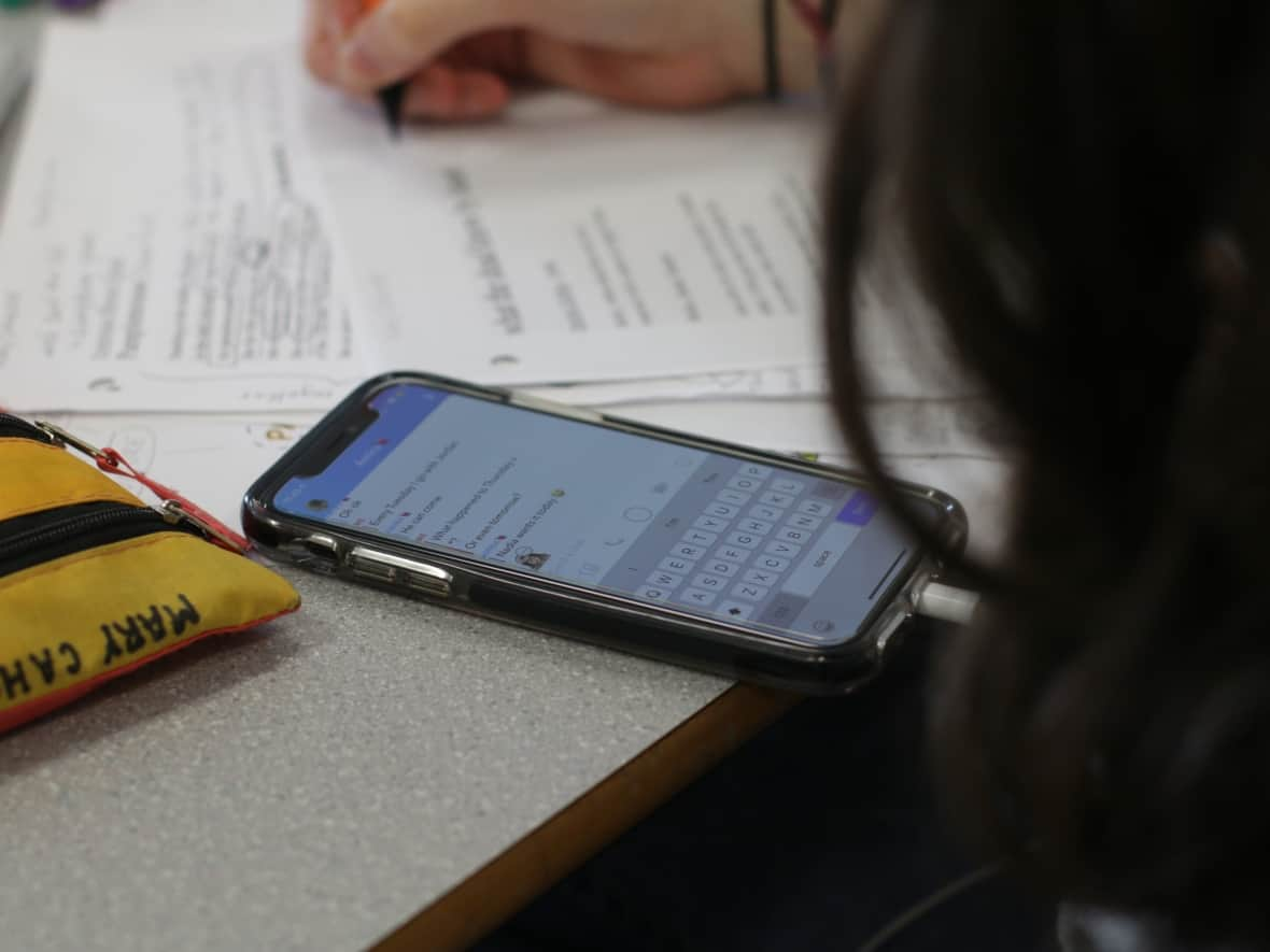 A teen student uses a cellphone in a Vancouver classroom in March 2019. Some schools across Canada are suggesting a ban on cellphones would reduce bad behaviour, remove distractions and improve quality of life in the classroom. Others aren't so sure.   (Peter Scobie/CBC - image credit)