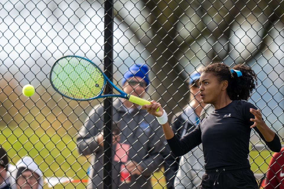 Worthington Kilbourne's Tyra Butler returns the ball during a doubles match in last year's Division I state tournament.