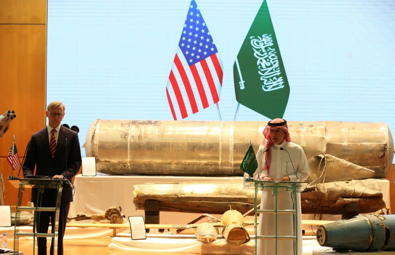 Saudi Arabia's Minister of State for Foreign Affairs Adel al-Jubeir and U.S. Special Representative for Iran Brian Hook attend a joint news conference, in Riyadh