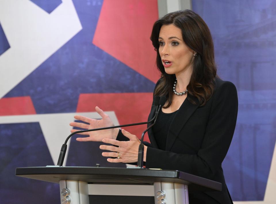 Republican candidate Tudor Dixon speaks during the debate with Michigan Gov. Gretchen Whitmer on WXYZ Channel 7 at Oakland University in Rochester on Oct. 24, 2022.