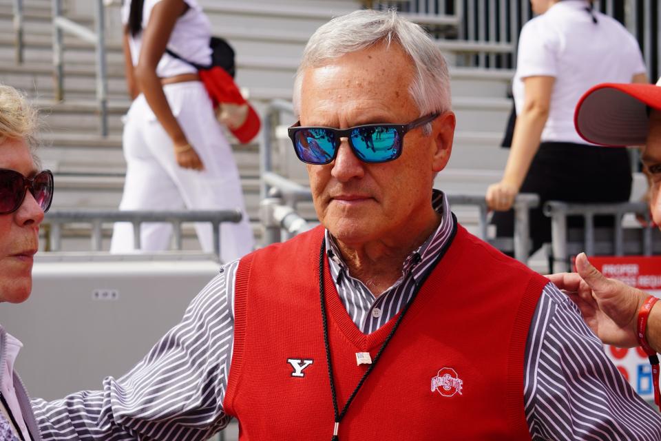 Former Ohio State coach Jim Tressel meets with fans prior to the Buckeyes' game against Youngstown State at Ohio Stadium, Sept. 9, 2023.