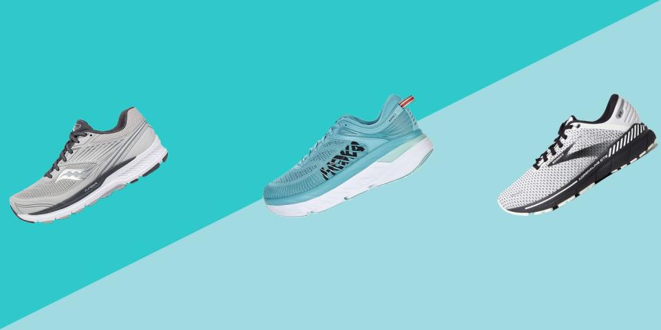 best running shoes for women three in front of two turquoise triangles