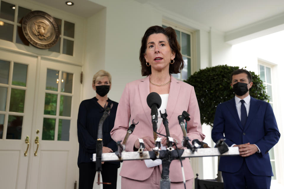 WASHINGTON, DC - MAY 07: (L-R) U.S. Energy Secretary Jennifer Granholm, Commerce Secretary Gina Raimondo, and Transportation Secretary Pete Buttigieg speak to members of the press outside the West Wing of the White House after a meeting with President Joe Biden and Vice President Kamala Harris on May 7, 2021 in Washington, DC. President Biden and Vice President Harris met with the “Jobs Cabinet” to discuss the American Jobs Plan. (Photo by Alex Wong/Getty Images)