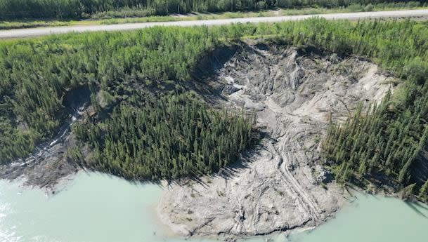 A drone image of a permafrost collapse near the Alaska Highway, northwest of Whitehorse. The highway is being relocated away from the collapse.