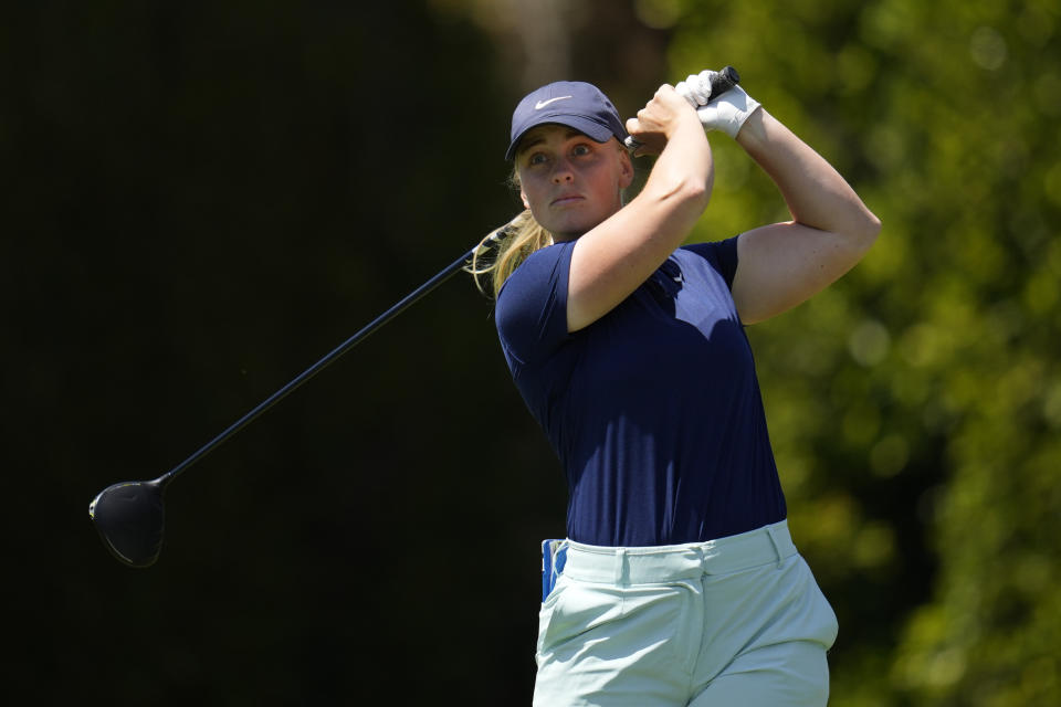Maja Stark hits from the second tee during the fourth round of the LPGA's JM Eagle LA Championship golf tournament at Wilshire Country Club, Sunday, April 28, 2024, in Los Angeles. (AP Photo/Ashley Landis)