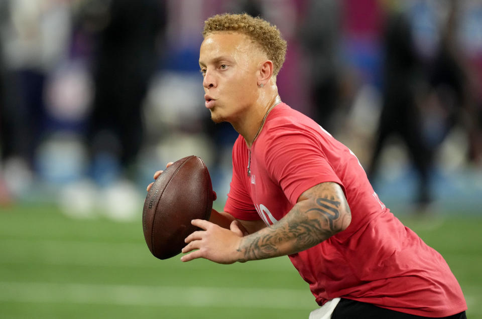 South Carolina quarterback Spencer Rattler (QB10) during the 2024 NFL Combine at Lucas Oil Stadium. Mandatory Credit: Kirby Lee-USA TODAY Sports