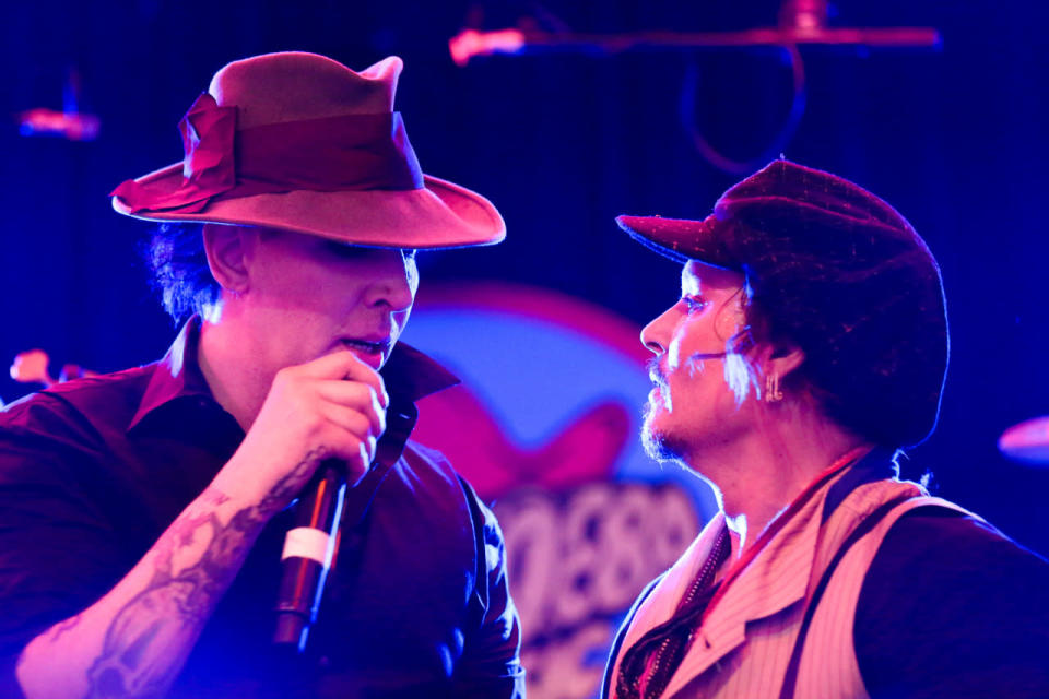 Marilyn Manson and Johnny Depp perform at Stella McCartney’s autumn 2016 collection at Amoeba Music in Los Angeles.