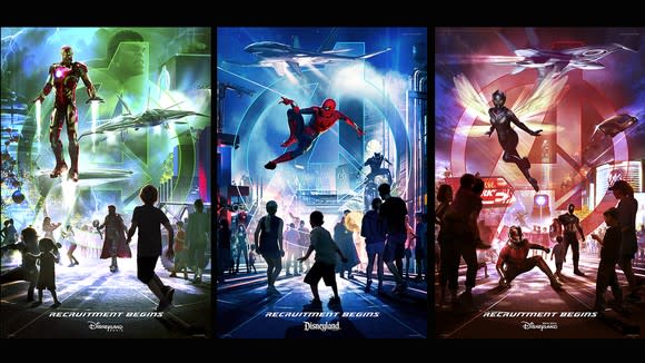 Disney promotional artwork for three announced Marvel lands.