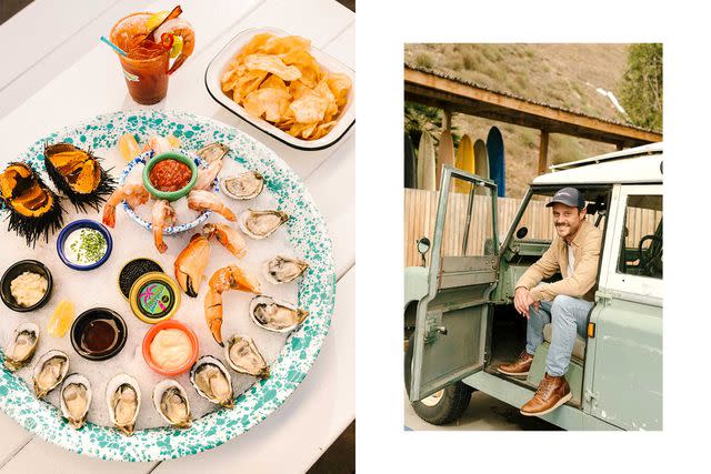 <p>Carmen Chan</p> From left: A tier from a seafood tower at Broad Street Oyster Co.; Derek Savoie, the Surfrider’s front-desk manager and a surfing instructor, sitting in the hotel’s 1968 Land Rover.