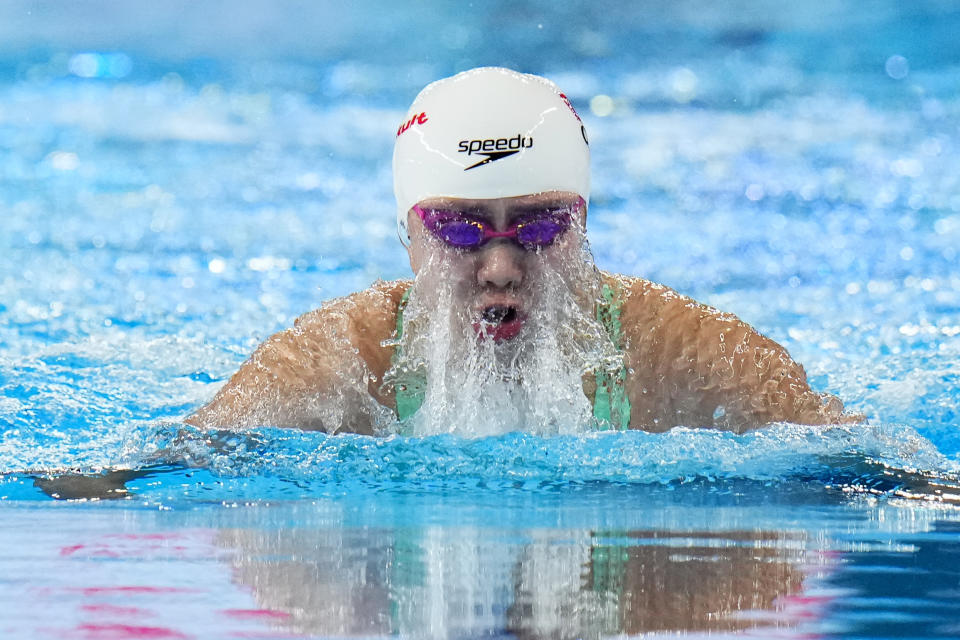 Tang Qianting of China competes in the women's 100-meter breaststroke final at the World Aquatics Championships in Doha, Qatar, Tuesday, Feb. 13, 2024. (AP Photo/Hassan Ammar)