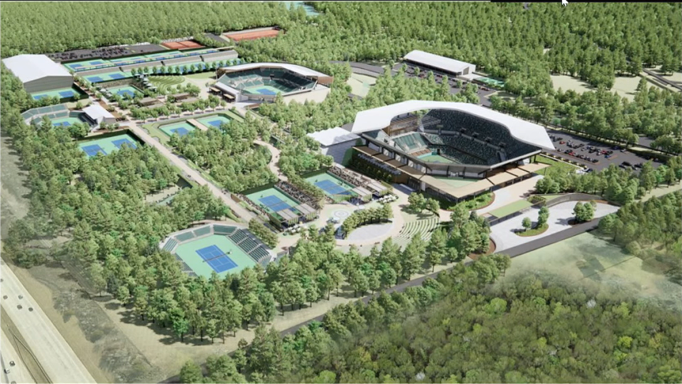 A view of what tennis and other courts could look like in Charlotte’s River District. The development, proposed by Charleston, South Carolina-based Beemok Capital, would accompany the move of The Western and Southern Open from Cincinnati to Charlotte.