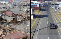 This combination of pictures shows the view of a tsunami hit area of Ofunato, Iwate prefecture on March 14, 2011 (L) and on January 15, 2012 (R). March 11, 2012 will mark the first anniversary of the massive tsunami that pummelled Japan, claiming more than 19,000 lives. AFP PHOTO / TOSHIFUMI KITAMURA (L) AFP PHOTO / TORU YAMANAKA (R)