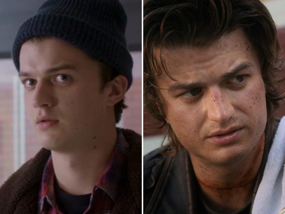 left: a younger joe keery on chicago fire, wearing a beanie that obscures his hair and wearing a surprised look on his face; right: joe keery on season four of stranger things, with longer floppy hair and a serious look on his face, which is slightly grimy