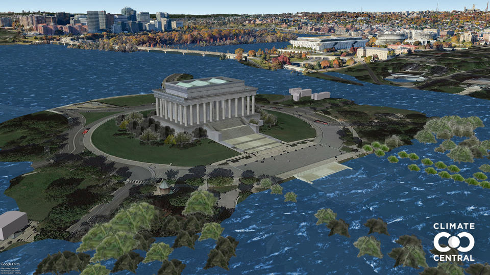 The land around the memorial is made to be an island by rising sea levels