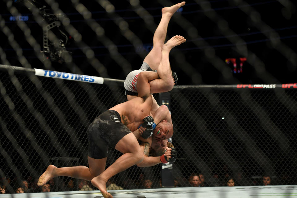 LAS VEGAS, CA - MARCH 02: Robbie Lawler picks up Ben Askren and throws him. Askren  defeated Lawler via first round submission during UFC 235 at the T-Mobile Arena in Las Vegas, NV, Saturday, Mar. 2, 2019. (Photo by Hans Gutknecht/MediaNews Group/Los Angeles Daily News via Getty Images)