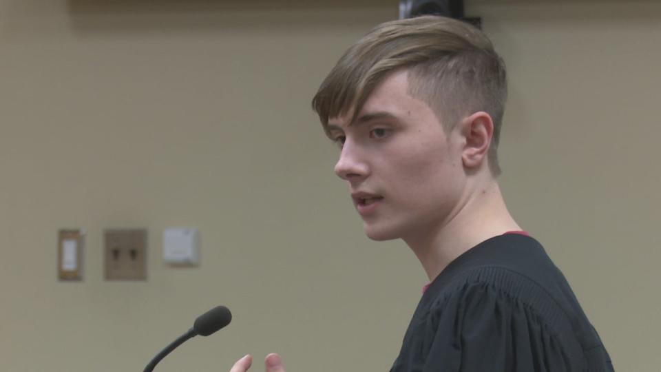 Logan Quiring, a 17-year-old student at Cardinal Carter Catholic Secondary School, argues in the role of a defence attorney at the Superior Court of Justice in Windsor.