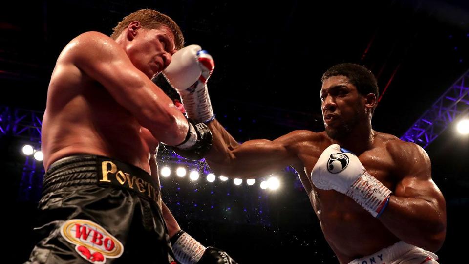 Anthony Joshua delivers the knockout blow on Alexander Povetkin. Pic: Getty