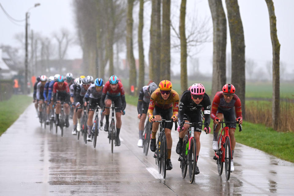 DE PANNE BELGIUM  MARCH 22 LR Stian Fredheim of Norway and UnoX Pro Cycling Team Marijn van den Berg of The Netherlands and Team EF EducationEasyPost and Edward Theuns of Belgium and Team Trek  Segafredo compete in the breakaway during the 47th Minerva Classic Brugge  De Panne 2023 a 211km one day race from Brugge to De Panne on March 22 2023 in De Panne Belgium Photo by Luc ClaessenGetty Images