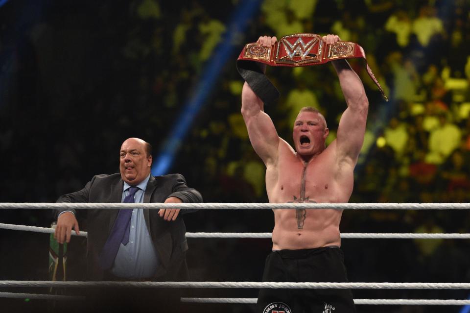 Brock Lesnar cashed in his 'Money in the Bank' against Seth Rollins to steal the WWE Universal title at Sunday night's Extreme Rules. (FAYEZ NURELDINE/AFP/Getty Images)