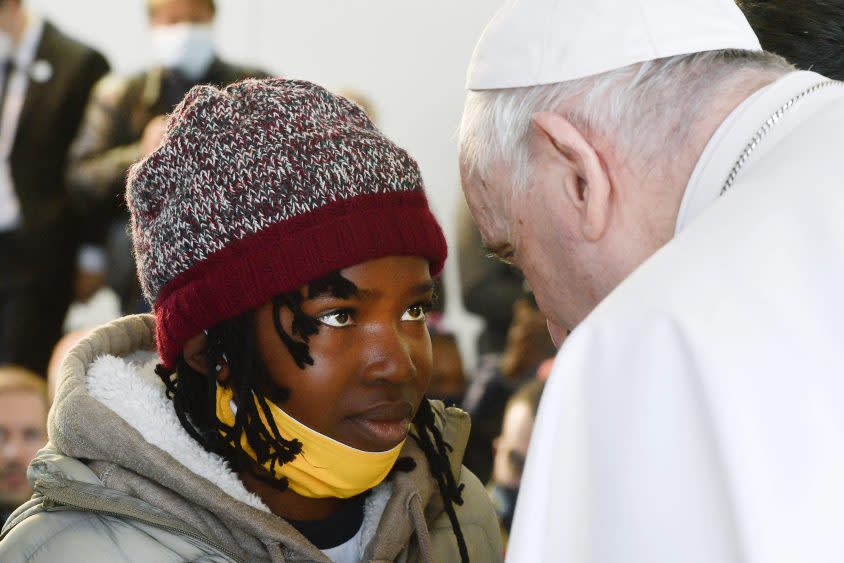 Pope Francis meets migrants and refugees at the Reception and Identification Centre in Mytilene on the island of Lesbos, December 5, 2021. - Credit: Vatican Media/Abaca/Sipa USA(Sipa via AP Images)