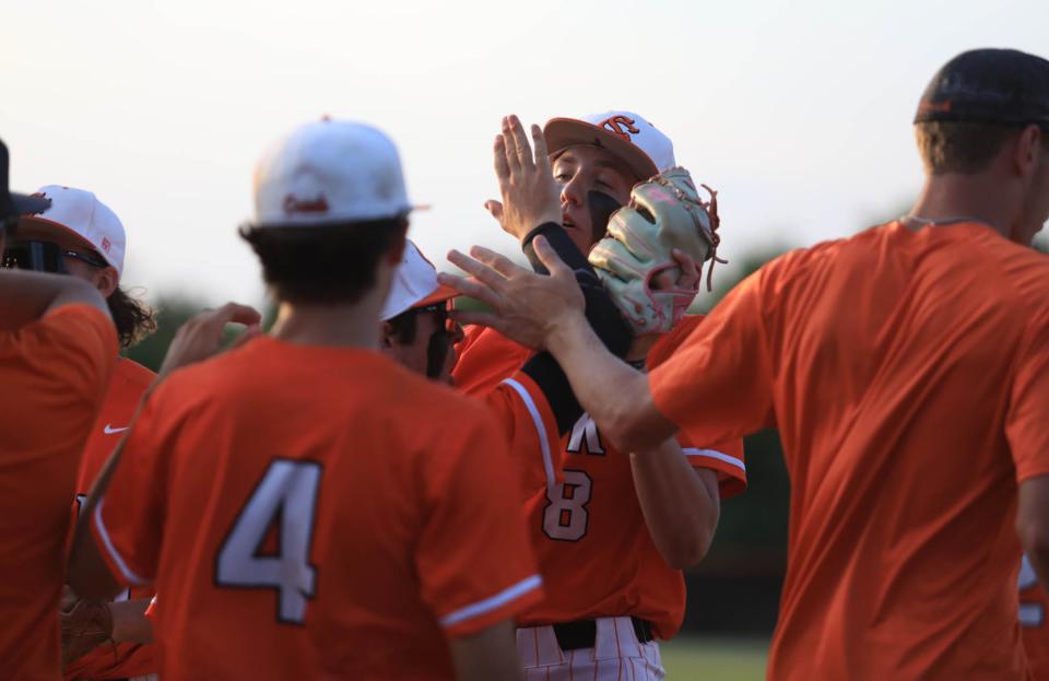 Garrett Grant (8) celebrates after pitching a scoreless inning against Bartram Trail in the Region 1-7A quarterfinals hosted by Spruce Creek High School on Tuesday, May 7, 2024.