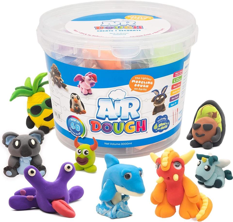 Get your little one into the art of sculpting with this set of air-dry clay. The clay is lightweight, unscented and gluten-free and comes in 14 different colors including glow-in-the-dark. This set comes with googley eyes and three tools for sculpting. Promising review: 