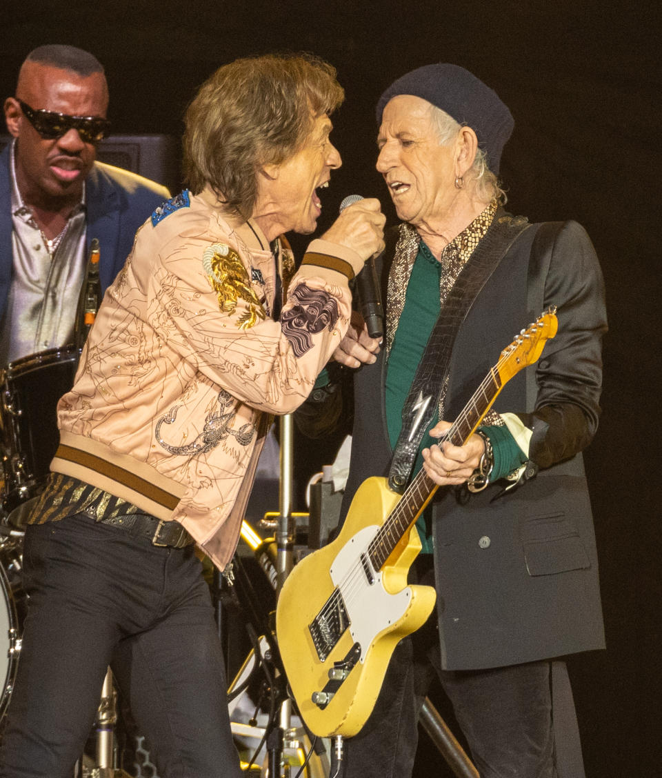 Mick Jagger and Keith Richards of The Rolling Stones with Steve Jordan at SoFi Stadium - Credit: Christopher Polk / Variety