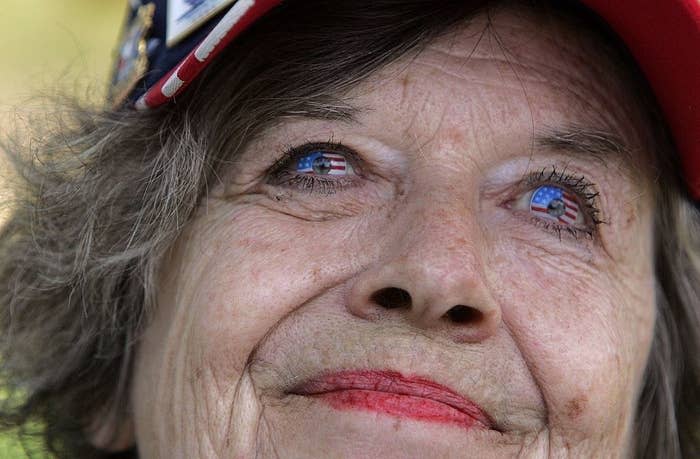 A woman with contacts colored to look like the U.S. flag