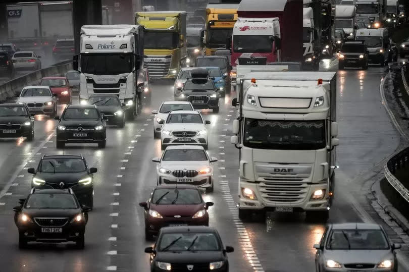 KNUTSFORD, UNITED KINGDOM - MARCH 28: Afternoon rush hour and bank holiday traffic begins to build up on M6 motorway through Cheshire on March 28, 2024 in Knutsford, United Kingdom. This year's Easter bank holiday rush has been exacerbated by Storm Nelson, with drivers and rail passengers cautioned about extreme weather conditions this weekend, including winds of up to 70mph, prompting widespread train cancellations. (Photo by Christopher Furlong/Getty Images)