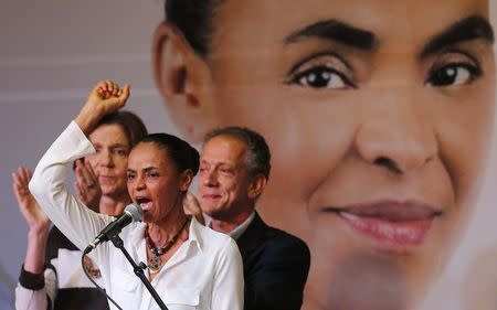 Presidential candidate Marina Silva of the Brazilian Socialist Party (PSB) speaks during a ceremony to launch her campaign platform in Sao Paulo in this August 29, 2014 file photo. REUTERS/Paulo Whitaker/Files