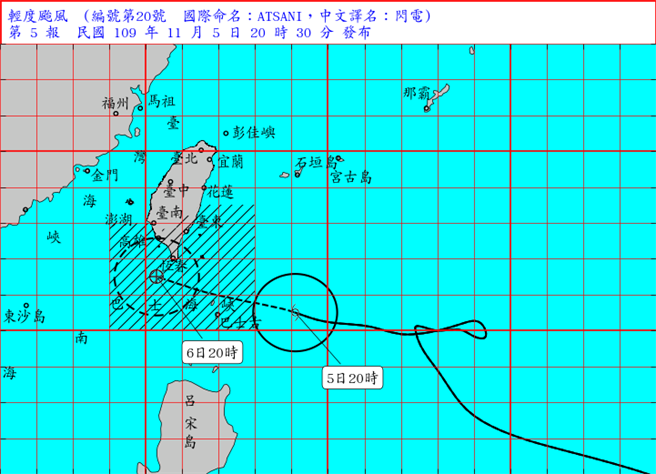 閃電颱風過去3小時暴風圈略為擴大，其暴風圈正進入巴士海峽，對臺東(含蘭嶼、綠島)、屏東及恆春半島構成威脅。(圖取自氣象局)