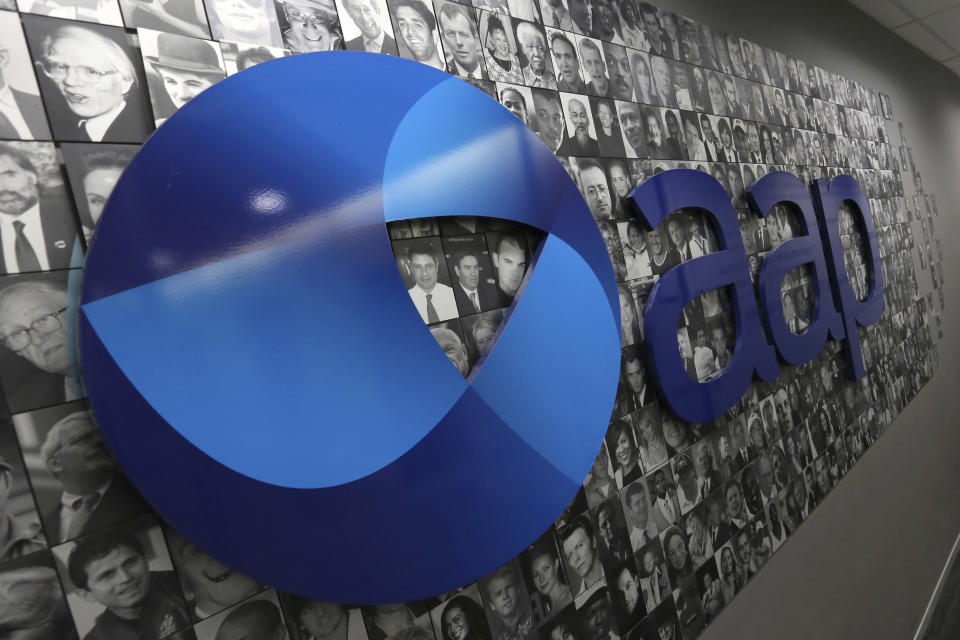 The logo of Australian Associated Press is seen in its Rhodes headquarters in Sydney, Tuesday, March 3, 2020. National news agency Australian Associated Press announced on Tuesday that it is closing after 85 years. (Danny Casey/AAP Image via AP)