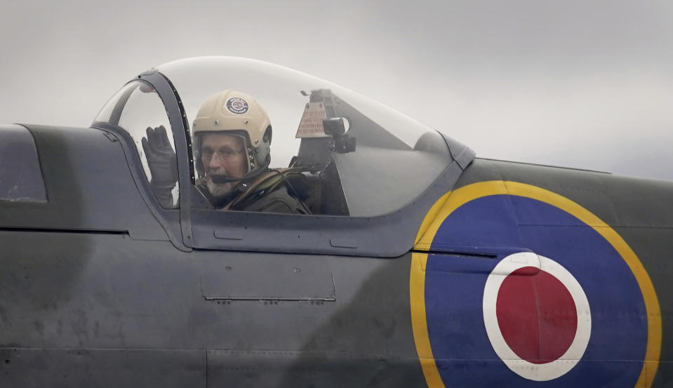 102-year-old Jack Hemmings AFC flies a Spitfire plane to mark 80th anniversary of the military charity Mission Aviation Fellowship (MAF) after taking off from iconic Heritage Hanger at London Biggin Hill, England, Monday, Feb. 5, 2024. The former RAF Squadron Leader and pioneer of MAF, the world's largest humanitarian air service, aimed to become the oldest Briton to fly in a spitfire. Hemmings, who lives at home in Horam, Sussex, flew in Britain's best-loved Second World War aircraft to raise money for MAF, the charity he co-founded almost 80 years ago. (Gareth Fuller/PA via AP)