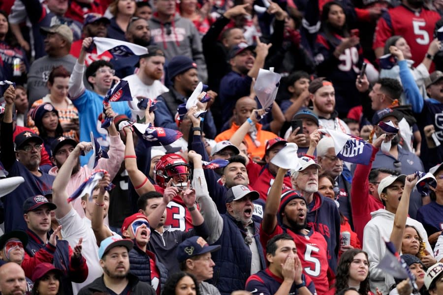 Fans cheer during the first half of an NFL wild-card playoff football game between the Houston Texans and the Cleveland Browns Saturday, Jan. 13, 2024, in Houston. (AP Photo/David J. Phillip)