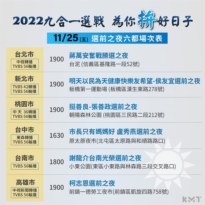 國民黨六都選前之夜活動的時間地點和轉播電視台。(國民黨提供)