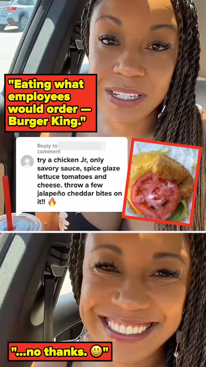 Eating what employees would order at Burger King, burger topped with jalapeño cheddar bites, and woman smiles saying no thanks