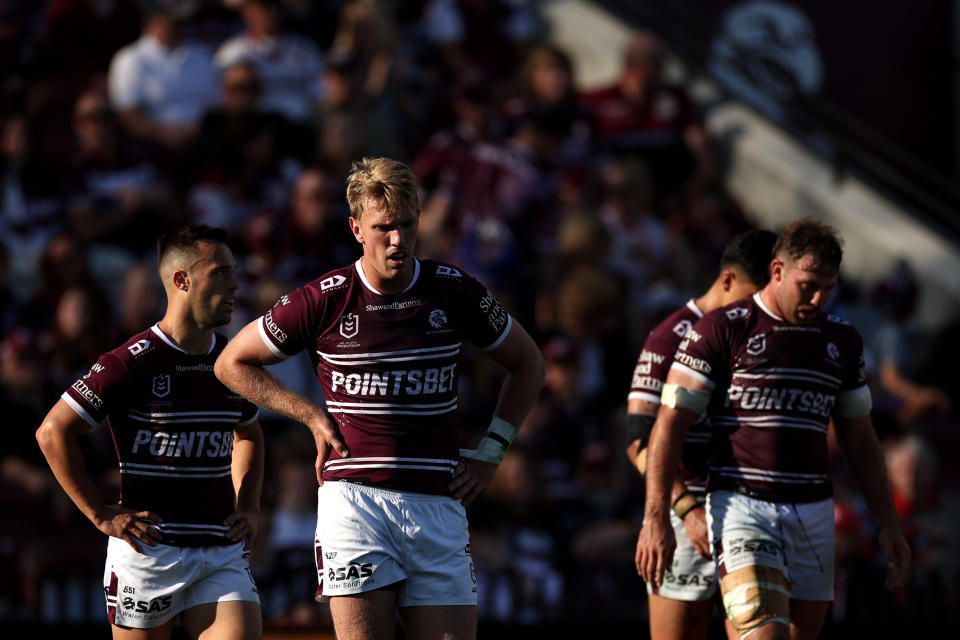 SYDNEY, AUSTRALIA - SEPTEMBER 08: Ben Trbojevic of Manly reacts during the round 27 NRL match between Manly Sea Eagles and Cronulla Sharks at 4 Pines Park, on September 08, 2024, in Sydney, Australia. (Photo by Cameron Spencer/Getty Images)