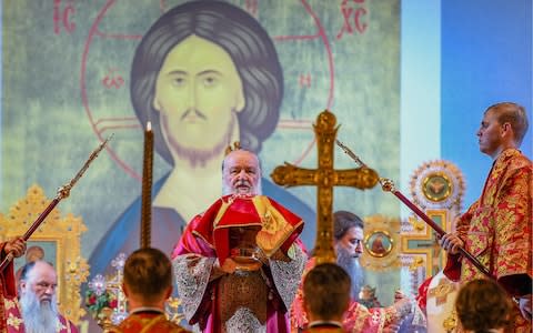 Patriarch Kirill of the Russian orthodox church holds a service at the Church of All Saints in Yekaterinburg  - Credit: Barcroft