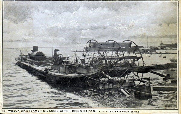 The hull of the sternwheeler steamboat St. Lucie in 1906 after being raised in Biscayne Bay following its sinking during a hurricane.