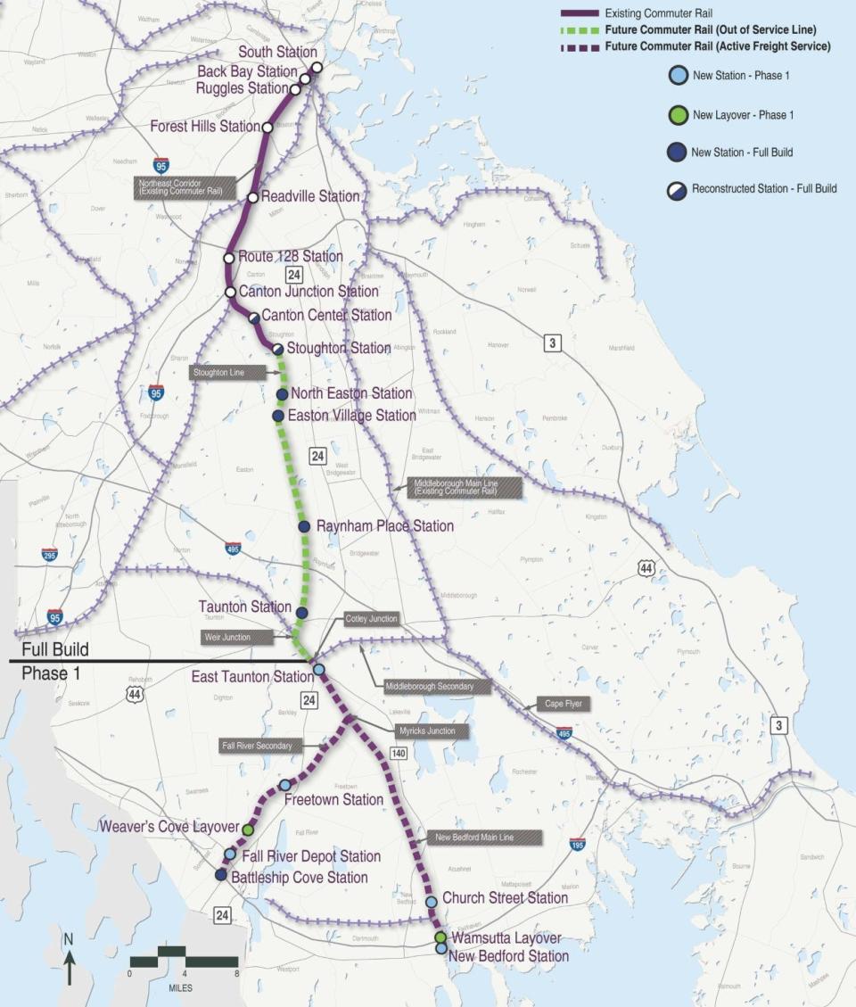 The Massachusetts Department of Transportation's map of South Coast Rail's Phase 2 shows rail stations in Easton, Raynham, downtown Taunton and Battleship Cove in Fall River, running electrified trains through Stoughton.