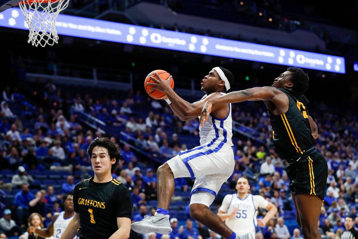 Kentucky guard Sahvir Wheeler (2) drives to the basket against Missouri Western State in Rupp Arena on Sunday.