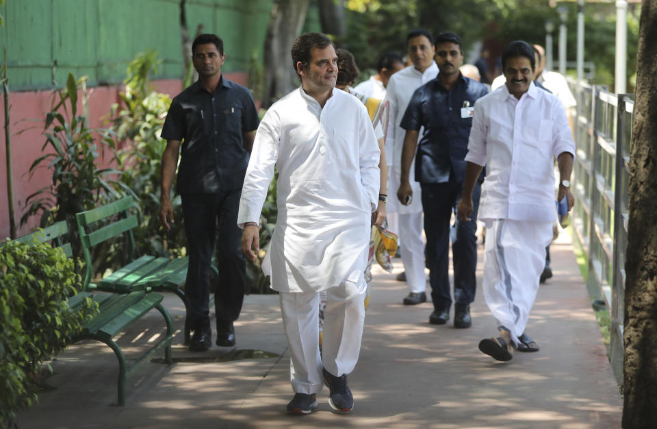 Congress party President Rahul Gandhi arrives for a Congress Working Committee meeting in New Delhi, India, Saturday, May 25, 2019. The BJP's top rival, led by Gandhi, won 52 seats. (AP Photo/Altaf Qadri)