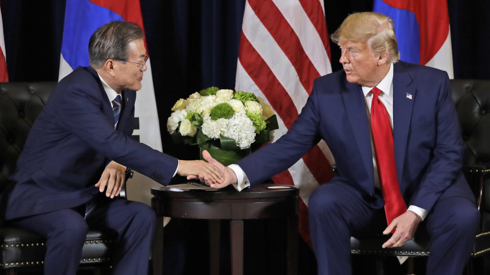 President Donald Trump meets with Korean President Moon Jae-in​ at the InterContinental Barclay hotel during the United Nations General Assembly, Monday, Sept. 23, 2019, in New York. (AP Photo/Evan Vucci)