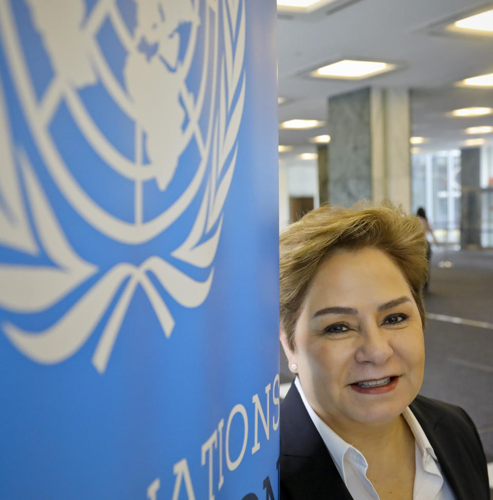 In this March 29, 2019, photo, Patricia Espinosa, Executive Secretary of the United Nations Framework Convention on Climate Change (UNFCCC), at U.N. headquarters. The U.N. climate chief says world leaders must recognize there is no option except to speed-up and scale-up action to tackle global warming, warning that continuing on the current path will lead to "a catastrophe." (AP Photo/Bebeto Matthews)