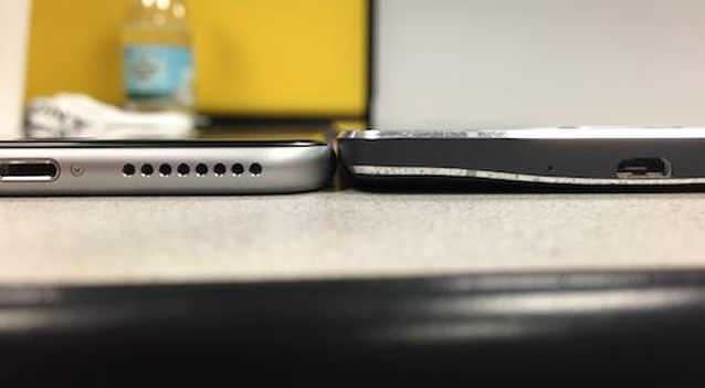 The Note 4 side view comapred to the iPhone 6 competitor. Photo: Supplied