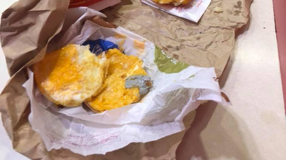 One bite into the egg and bacon McMuffin, the student realised something wasn’t quite right. Source: Supplied