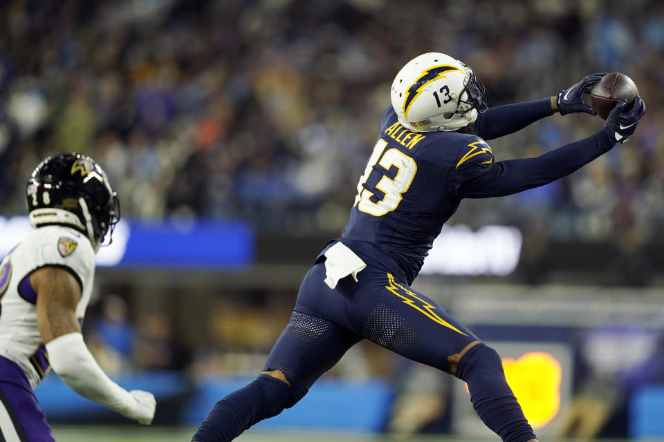 Los Angeles Chargers wide receiver Keenan Allen (13) makes a catch during the second half of an NFL football game against the Baltimore Ravens, Sunday, Nov. 26, 2023, in Inglewood, Calif. (AP Photo/Ryan Sun)