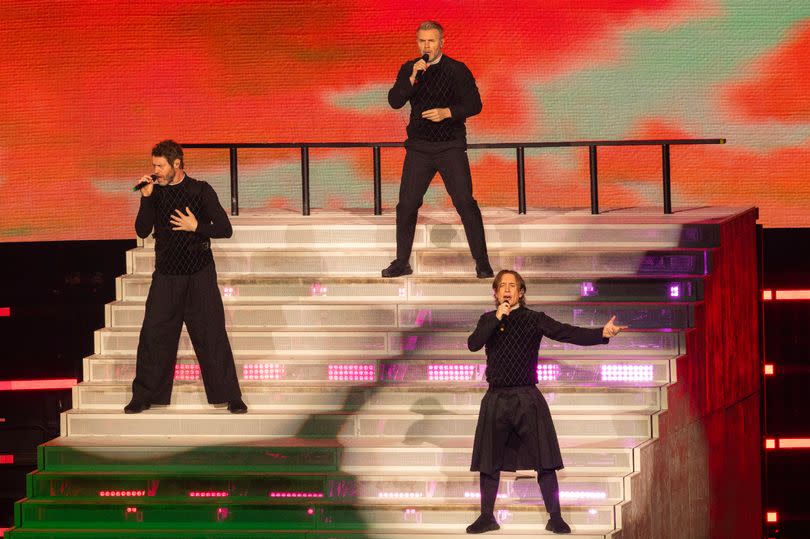 Take That take to the stage at the AO Arena for the first of five homecoming shows at the venue